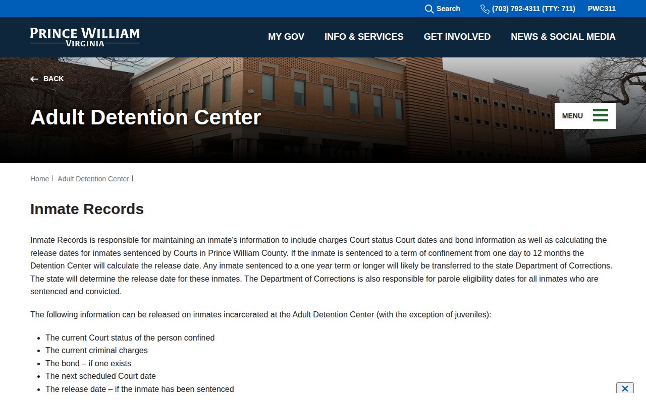 Prince William County released inmate current-only records limitation