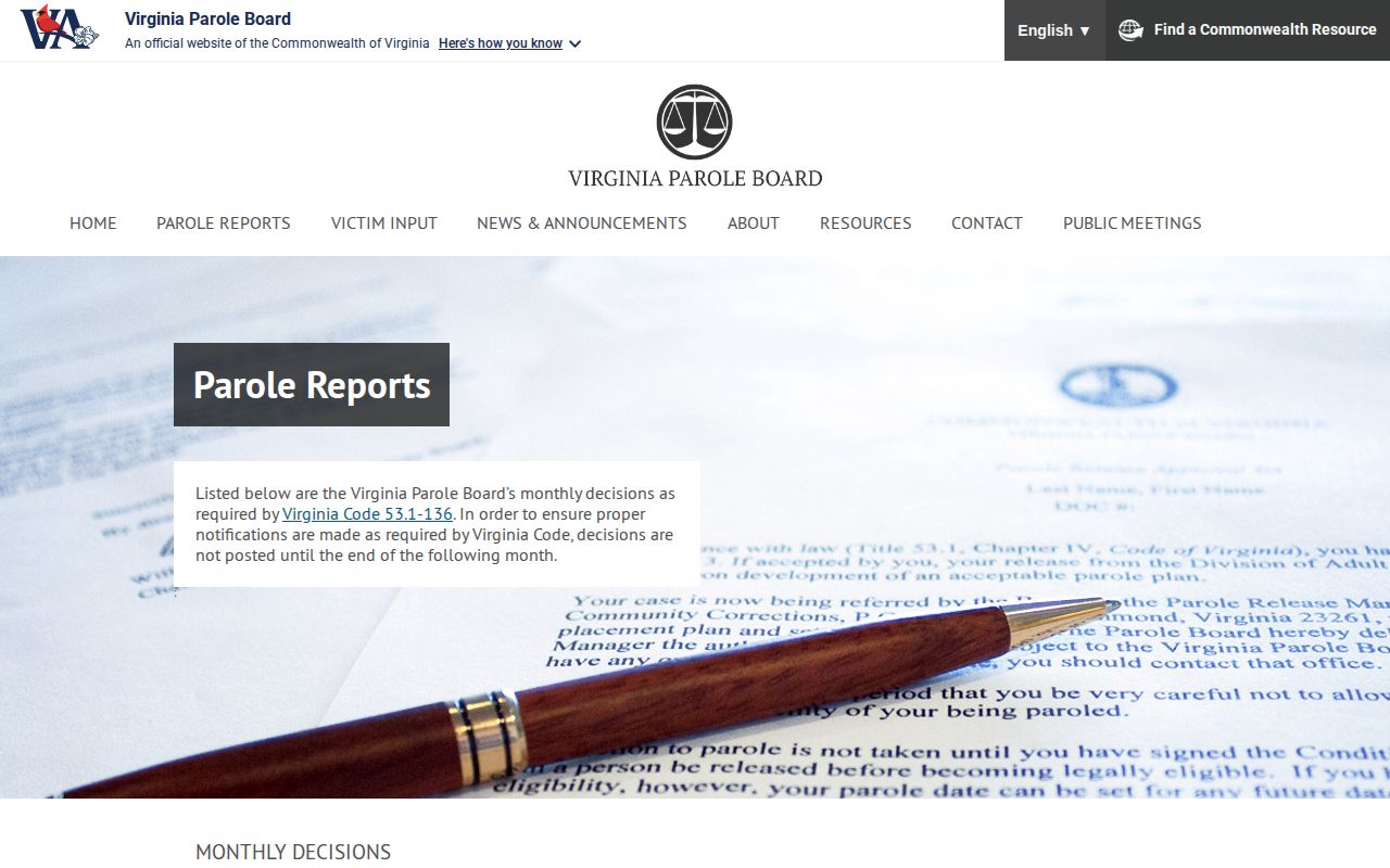 Prince William County parole decision records on the Virginia Parole Board reports page